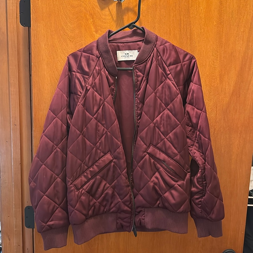 Coach Quilted Satin Bomber Jacket- maroon